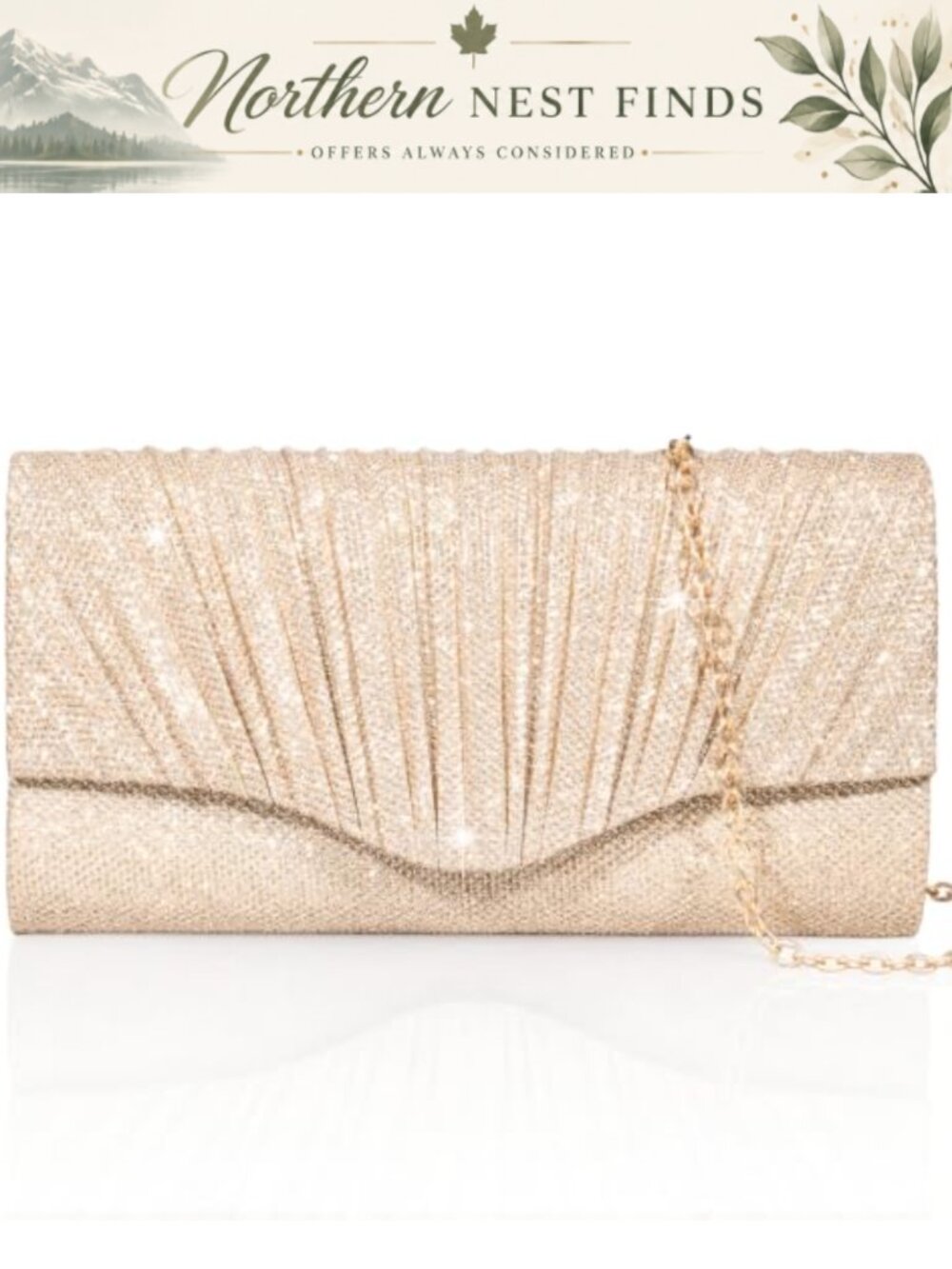 Pleated Glitter Evening Clutch with Detachable Chain Strap Formal Bag